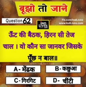 ऊँट की बैठक हिरन सी तेज चाल । वो कौन सा जानवर जिसके पूँछ न बाल॥ पहेली का उत्तर बताइए। With Answer.