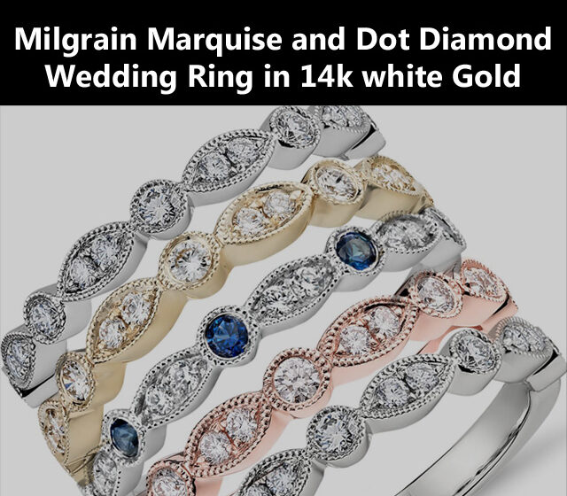 Milgrain Marquise and Dot Diamond Wedding Ring in 14k white Gold
