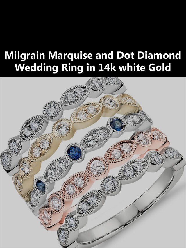 Milgrain Marquise and Dot Diamond Wedding Ring in 14k white Gold