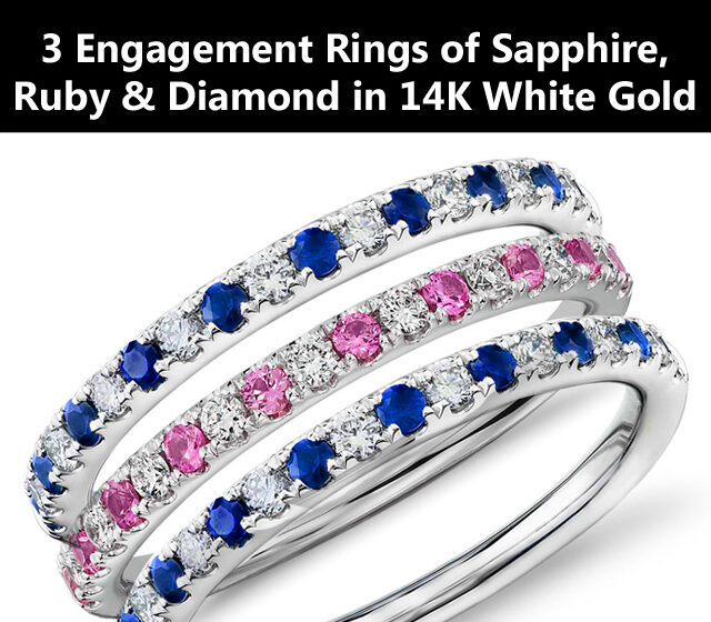 3 Engagement Rings of Sapphire, Ruby & Diamond in 14K White Gold