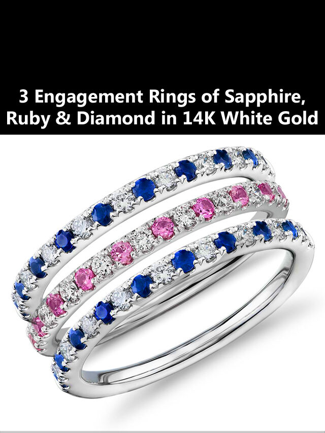 3 Engagement Rings of Sapphire, Ruby & Diamond in 14K White Gold